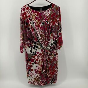 Muse‎ Pink Red Geometric Square Knot Front 3/4 Sleeve Sheath Dress 10 Retro MCM